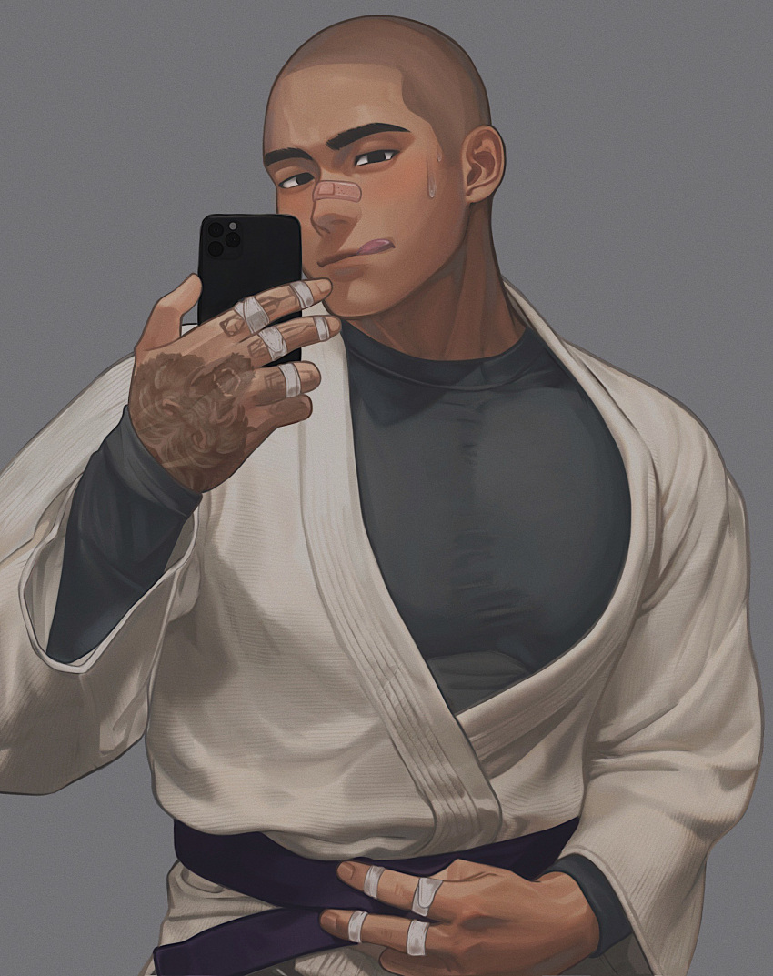 1boy :q absurdres bandaid bandaid_on_face bandaid_on_nose bara buzz_cut cellphone dougi highres holding holding_phone large_pectorals light_blush looking_at_viewer louis_tjxx male_focus muscular muscular_male original pectorals phone seductive_smile selfie shirt short_hair smartphone smile solo taking_picture taut_clothes taut_shirt thick_eyebrows tongue tongue_out upper_body very_short_hair