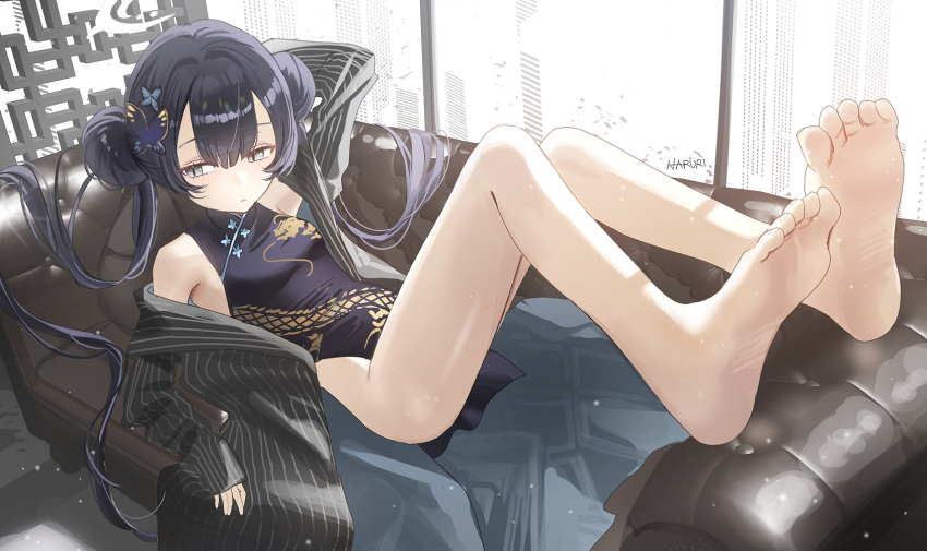 1girl ass barefoot black_dress black_hair blue_archive breasts butterfly_hair_ornament china_dress chinese_clothes double_bun dragon_print dress grey_eyes grey_halo hair_bun hair_ornament halo haruri highres kisaki_(blue_archive) long_hair small_breasts soles solo toes twintails