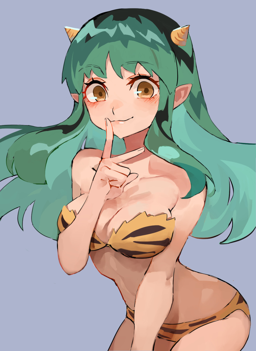 1girl animal_print bare_shoulders bikini blush breasts brown_eyes cleavage closed_mouth collarbone cowboy_shot finger_to_mouth green_hair grey_background highres horns index_finger_raised jc_(pixiv_66949345) large_breasts leaning_forward long_hair looking_at_viewer lum medium_breasts oni pointy_ears simple_background smile solo strapless strapless_bikini swimsuit tiger_print urusei_yatsura