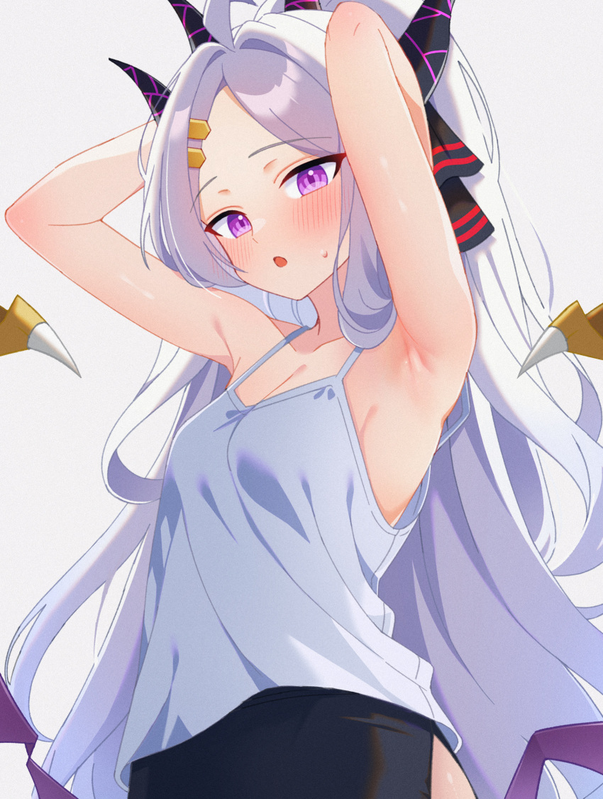 1girl armpits black_horns black_skirt blue_archive blush breasts camisole cleavage demon_horns demon_wings gradient_background grey_camisole grey_hair highres hina_(blue_archive) horns karaage_(xxxmido02) long_hair looking_at_viewer multiple_horns open_mouth purple_eyes purple_wings skirt small_breasts solo textless_version wings