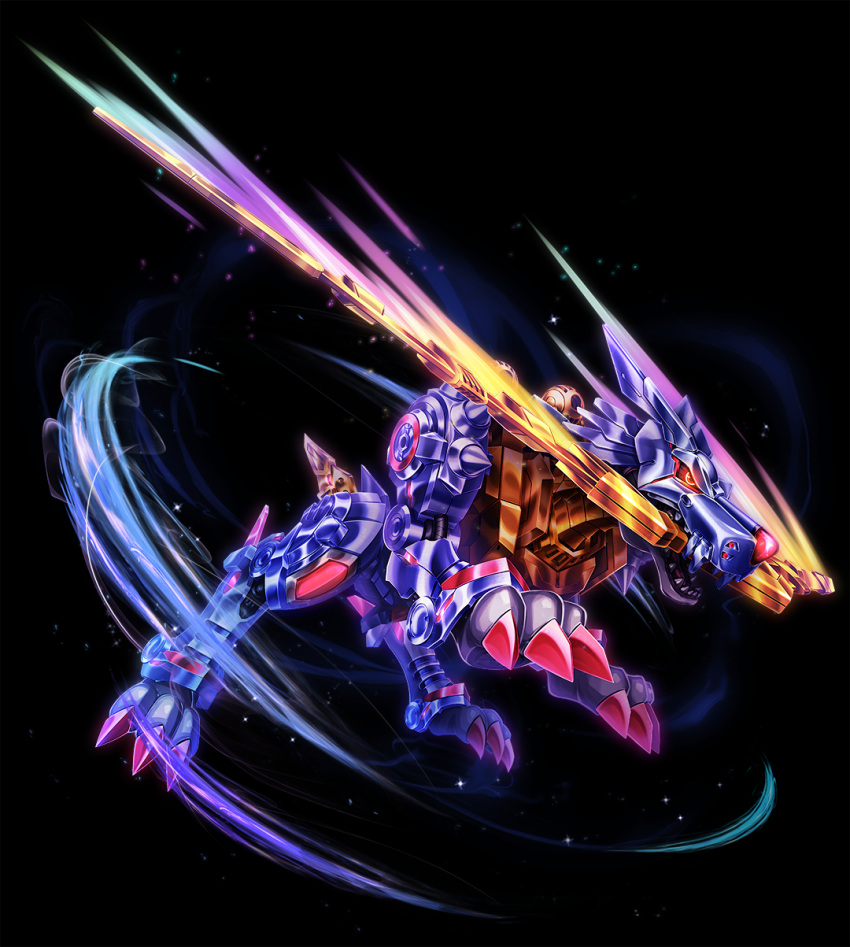 armor black_background blue_armor cyborg digimon digimon_(creature) digimon_adventure energy_blade glowing glowing_eyes highres holding holding_weapon metalgarurumon mouth_hold poroze red_eyes sharp_teeth slashing snout solo teeth weapon wolf