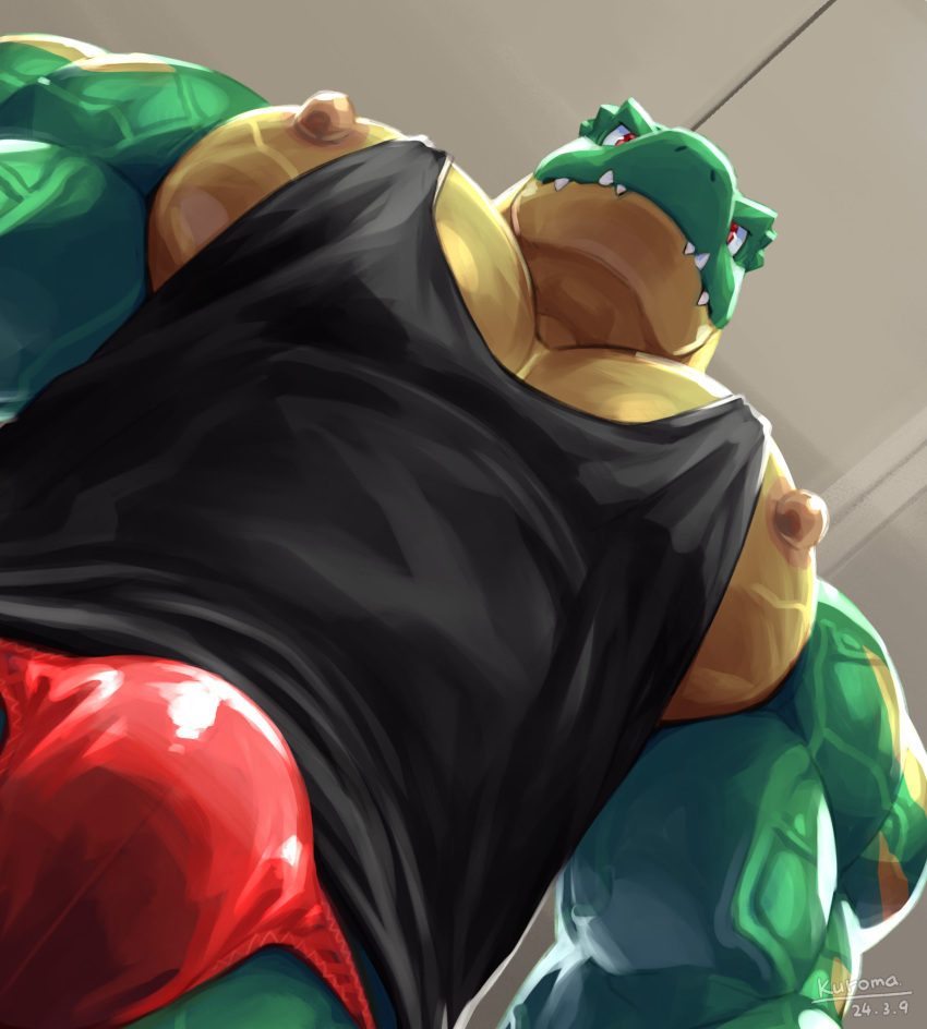 2024 9:10 anthro artist_name biceps big_pecs black_clothing black_shirt black_tank_top black_topwear bulge ceiling clothing dated deltoids dinosaur green_body green_scales hi_res inside kuroma low-angle_view male meme multicolored_body multicolored_scales muscular muscular_anthro muscular_male nipples pecs red_clothing red_eyes red_underwear regin_(kuroma) reptile scales scalie sharp_teeth shirt solo striped_body striped_scales stripes tank_top teeth topwear two_tone_body two_tone_scales underwear vein veiny_muscles yellow_body yellow_scales