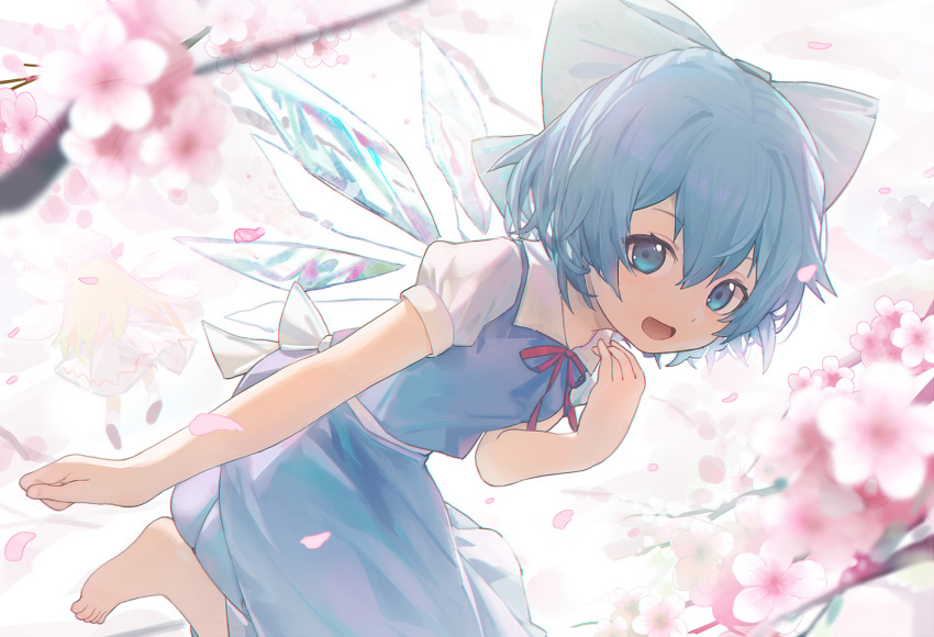 1girl :d backlighting bangs barefoot blue_bow blue_dress blue_eyes blue_hair blurry bow cherry_blossoms cirno day depth_of_field dress eyebrows_visible_through_hair hair_between_eyes hair_bow happy highres ice ice_wings looking_at_viewer neck_ribbon outdoors overexposure pinafore_dress puffy_short_sleeves puffy_sleeves red_ribbon ribbon short_hair short_sleeves siyumu smile solo toes touhou wings