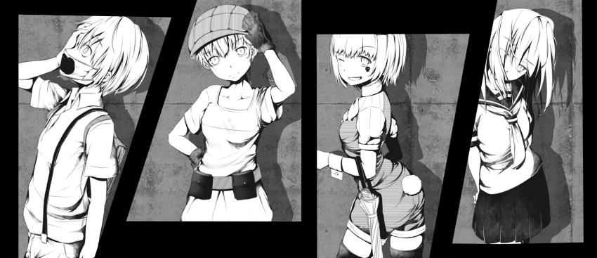 1boy 3girls arm_up bare_arms belt belt_pouch breasts check_commentary closed_mouth closed_umbrella commentary_request cowboy_shot deerstalker dot_nose dress facial_tattoo from_side gloves greyscale grin hair_between_eyes hand_up handprint hat head_tilt highres iizumi_rita long_bangs long_hair looking_at_viewer looking_up mask medium_bangs medium_breasts medium_hair messy_hair miniskirt monochrome mouth_mask multiple_girls neckerchief one_eye_closed otoko_no_ko partial_commentary pleated_skirt pouch rabbit_tail sailor_collar sakuragi_naruha school_uniform seike_taroumaru serafuku shin_(highest1192) short_hair short_shorts short_sleeves shorts skirt smile standing suspender_shorts suspenders tail tattoo toaru_kagaku_no_accelerator toaru_majutsu_no_index umbrella upper_body wrist_cuffs yakumaru_itsuki