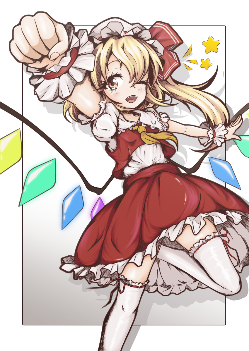 1girl absurdres ascot blonde_hair collared_shirt el_genso feet_out_of_frame flandre_scarlet foreshortening frilled_shirt_collar frilled_skirt frilled_thighhighs frills gradient_background hat highres long_hair looking_at_viewer mob_cap multicolored_wings one_eye_closed open_mouth orange_eyes puffy_short_sleeves puffy_sleeves red_ribbon red_skirt red_vest ribbon ribbon-trimmed_sleeves ribbon-trimmed_thighhighs ribbon_trim shirt short_sleeves simple_background skirt solo teeth thighhighs touhou upper_teeth_only vest white_background white_headwear white_shirt white_thighhighs wings wrist_cuffs yellow_ascot