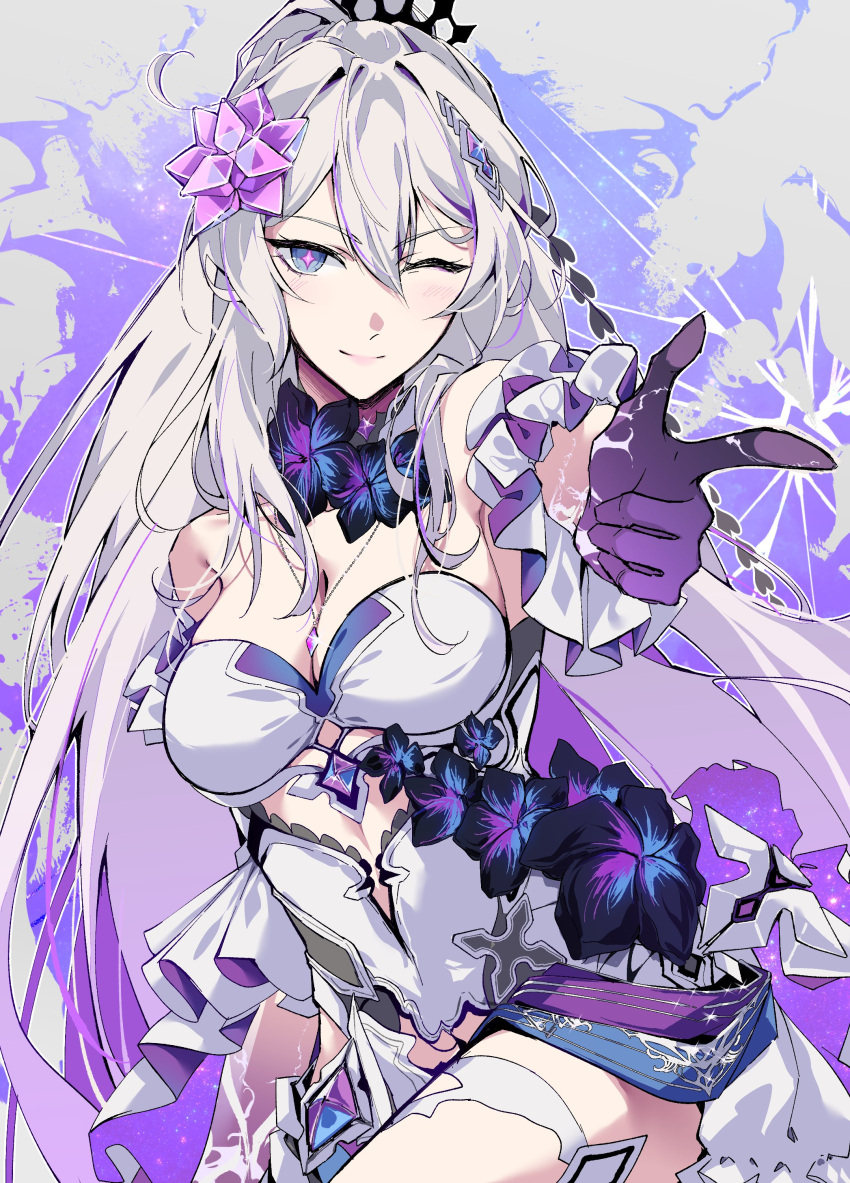 1girl absurdres aer007580 blue_eyes breasts cleavage clothing_cutout commentary commission cowboy_shot cross-shaped_pupils crown dress english_commentary finger_gun hair_between_eyes high_ponytail highres honkai_(series) honkai_impact_3rd jewelry kiana_kaslana kiana_kaslana_(herrscher_of_finality) large_breasts long_hair looking_at_viewer necklace one_eye_closed pointing pointing_at_viewer purple_pupils smile solo stomach_cutout symbol-shaped_pupils very_long_hair white_dress white_hair