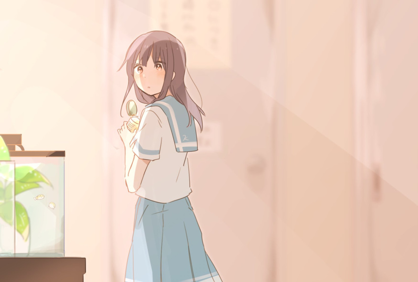 1girl aquarium blue_hair blue_sailor_collar blue_skirt blurry blurry_background blush brown_eyes can cetacea_kw curtains hands_up hibike!_euphonium highres holding holding_can indoors kitauji_high_school_uniform liz_to_aoi_tori long_hair looking_at_viewer looking_back parted_lips plant pleated_skirt potted_plant red_eyes sailor_collar school_uniform serafuku shirt short_sleeves skirt solo standing white_shirt yoroizuka_mizore