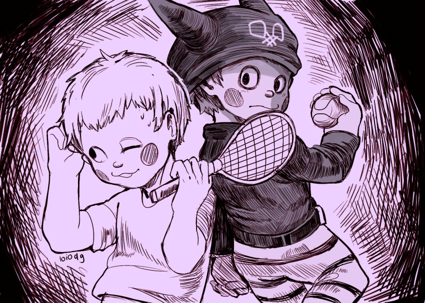 2boys animal_ear_headwear animal_ears artist_name ball beanie belt belt_buckle blush_stickers buckle cat_ears commentary cowboy_shot crosshatching danganronpa_(series) danganronpa_v3:_killing_harmony dual_persona english_commentary expressionless fake_animal_ears from_behind greyscale hat hatching_(texture) holding holding_ball holding_tennis_racket hoshi_ryoma jacket leather leather_jacket loiodg long_sleeves looking_at_viewer looking_back looking_to_the_side male_focus midriff monochrome multiple_boys one_eye_closed open_mouth pants purple_theme scratching_head shirt short_hair short_sleeves smile striped_clothes striped_pants sweat t-shirt tennis_ball upper_body wavy_mouth