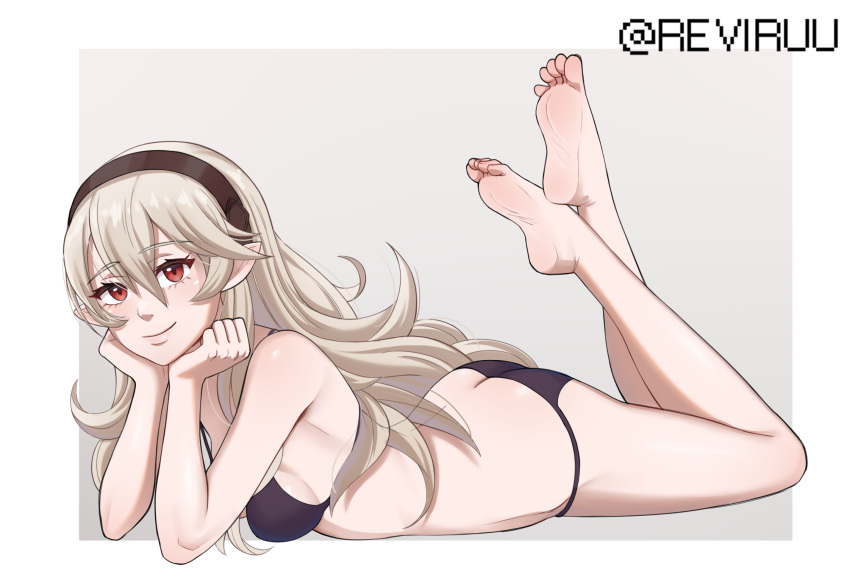 1girl ass barefoot bikini black_bikini black_hairband breasts butt_crack corrin_(female)_(fire_emblem) corrin_(fire_emblem) crossed_ankles feet feet_up fire_emblem fire_emblem_fates grey_background hairband head_rest highres legs_up long_hair looking_at_viewer lying medium_breasts on_stomach pointy_ears red_eyes reviruu sideboob simple_background smile soles solo swimsuit the_pose toes twitter