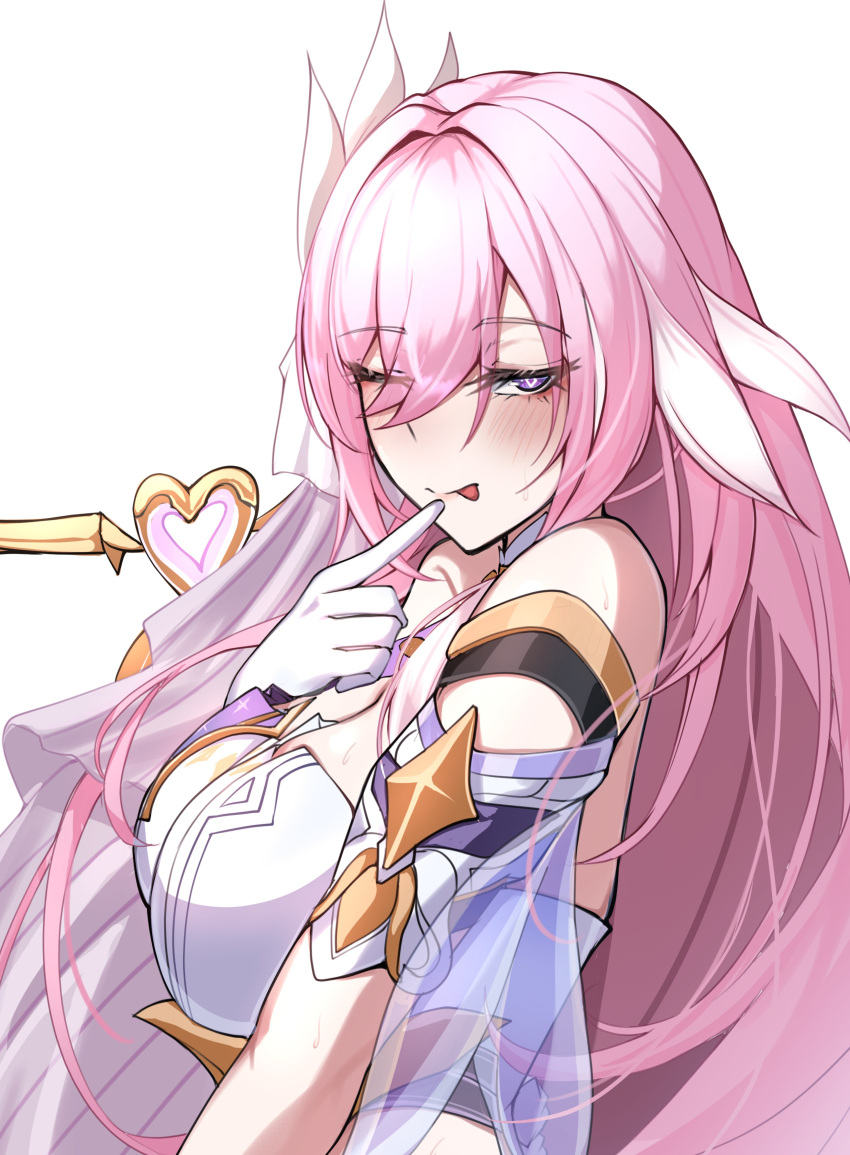 1girl :p absurdres bare_shoulders blush bow breasts closed_mouth detached_sleeves dress elysia_(herrscher_of_human:ego)_(honkai_impact) elysia_(honkai_impact) finger_to_mouth from_side gloves godcastlenoa hair_between_eyes hair_bow half-closed_eyes highres honkai_(series) honkai_impact_3rd huge_breasts long_hair looking_at_viewer one_eye_closed pink_eyes pink_hair shirt short_sleeves sidelocks simple_background smile solo straight_hair strapless strapless_dress tongue tongue_out upper_body white_background white_bow white_dress white_gloves white_shirt