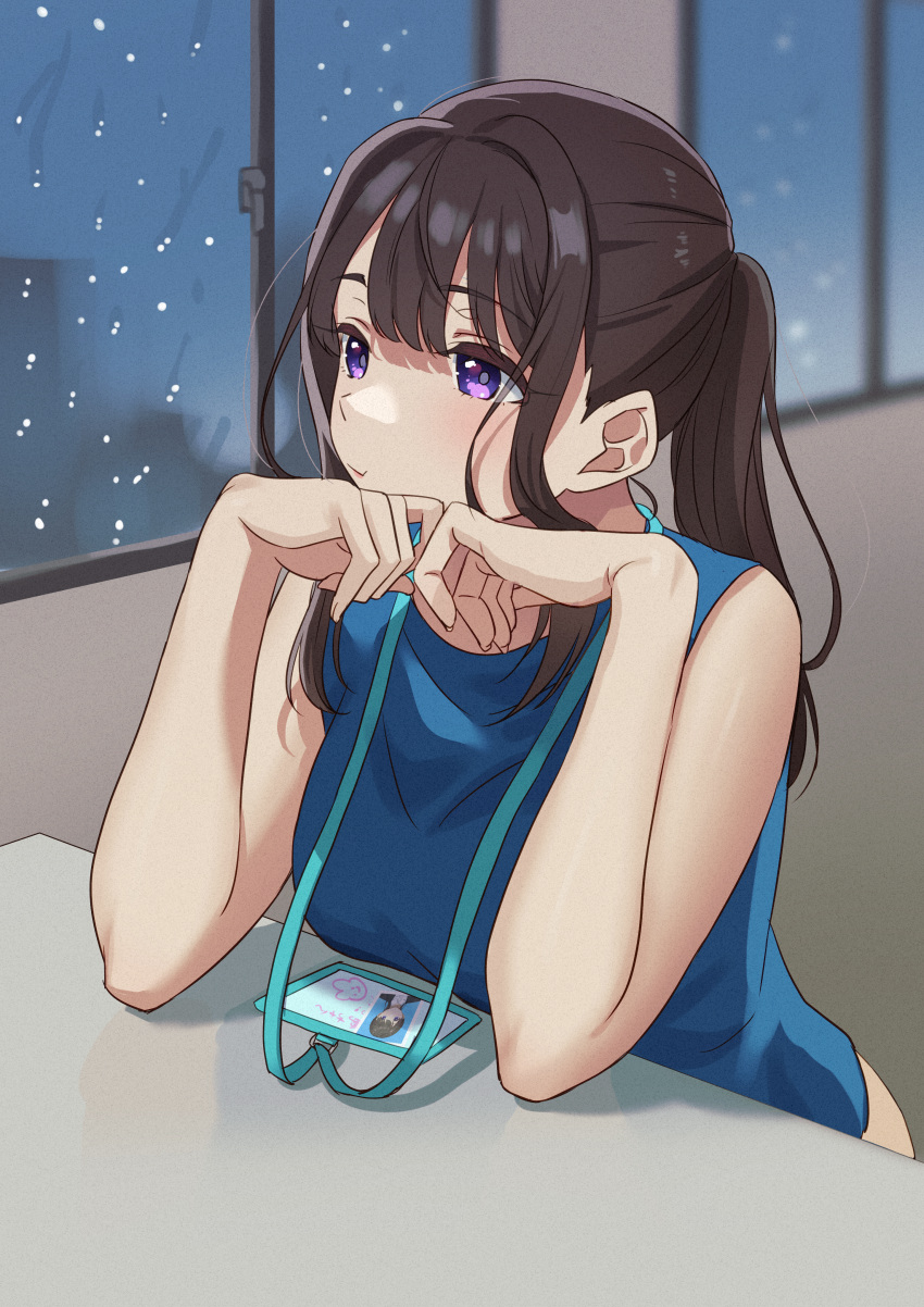 1girl :t absurdres bare_arms bare_shoulders black_hair blue_shirt blush breasts brown_hair closed_mouth elbows_on_table emu_(emum) head_rest highres id_card indoors lanyard long_hair looking_outside office_lady original ponytail purple_eyes rain shirt sidelocks sleeveless sleeveless_shirt snow snowing solo upper_body window