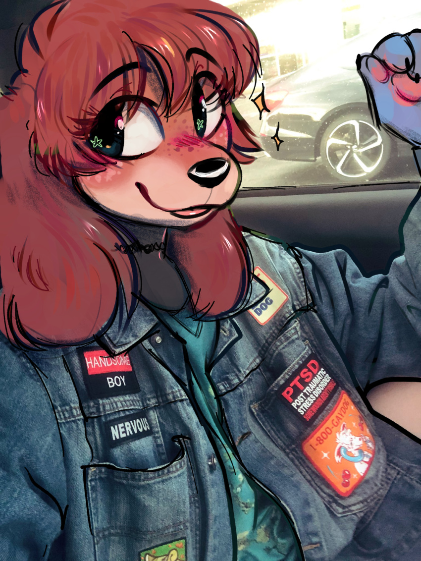 2023 anthro bird_dog black_nose blep blue_eyes blue_markings blush brown_body brown_fur brown_hair canid canine canis car choker clothed clothing colored_sketch denim denim_clothing denim_jacket denim_topwear digital_drawing_(artwork) digital_media_(artwork) domestic_dog draw_over eyebrow_through_hair eyebrows eyelashes floppy_ears freckles fur girly grey_body grey_fur hair hi_res hunting_dog inside_car jacket jewelry looking_at_viewer lop_ears male mammal markings necklace nonbinary_(lore) patch_(fabric) pawpads photo_background photography_(artwork) pink_blush pink_pawpads pink_tongue sketch smile snout solo spaniel sparkles tan_body tan_fur tansy_(tansydrawsnsfw) tansydrawsnsfw tongue tongue_out topwear trans_(lore) trans_man_(lore) translucent translucent_hair vehicle