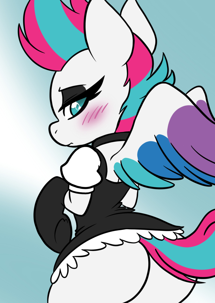 black_eyeshadow blush blush_lines butt clothed clothing digital_drawing_(artwork) digital_media_(artwork) embarrassed equid equine eyelashes eyeshadow female feral flat_colors hair hasbro hi_res looking_at_viewer looking_back looking_back_at_viewer maid_uniform makeup mammal mlp_g5 multicolored_hair my_little_pony mythological_creature mythological_equine mythology pegasus pink_hair portrait shinkaku sky solo spread_wings suggestive teal_eyes teal_hair three-quarter_portrait two_tone_hair two_tone_tail uniform white_body wings zipp_storm_(mlp)