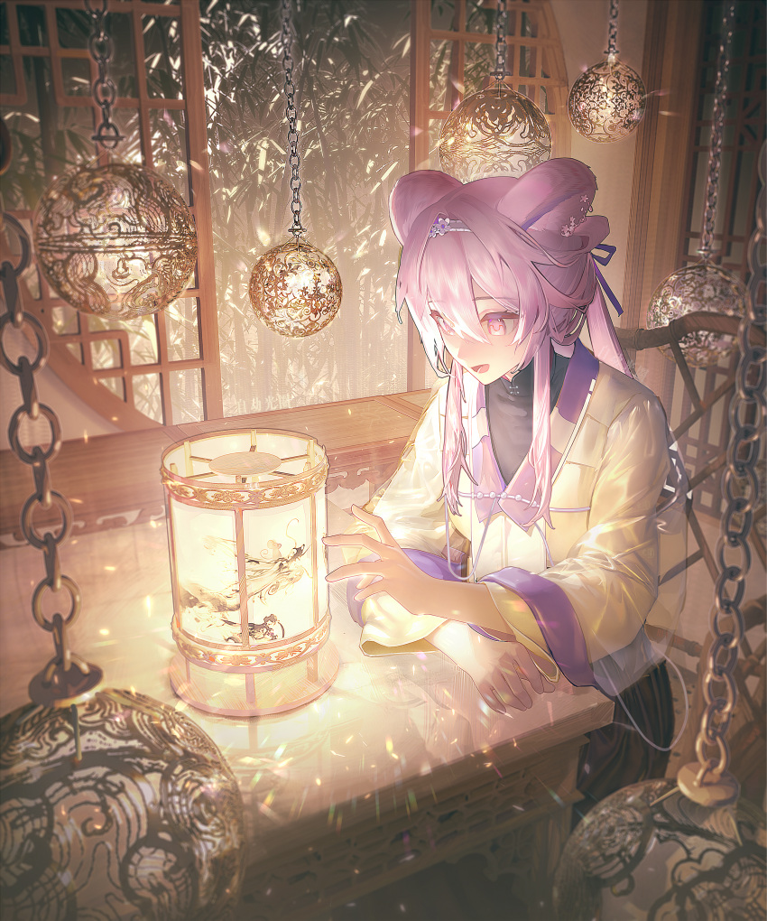 1girl :d absurdres animal_ears arknights bamboo chain chair guang_quan hair_between_eyes hairband highres indoors lantern lattice light_particles lin_(arknights) long_hair long_sleeves mouse_ears mouse_girl open_mouth pink_eyes pink_hair ribbon round_window sitting smile solo table wide_sleeves window wooden_floor