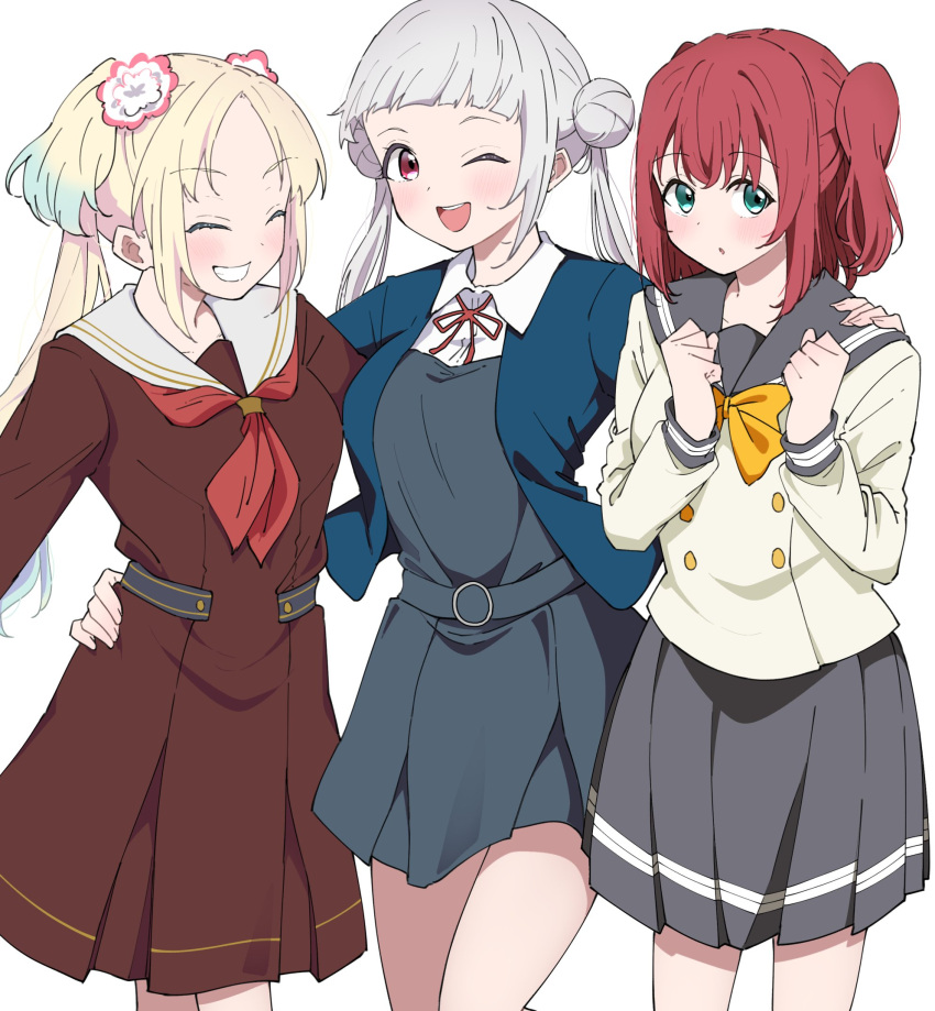 3girls arashi_chisato blonde_hair blue_jacket bow bowtie breasts brown_dress closed_eyes collarbone collared_shirt commentary_request double_bun dress green_eyes grey_dress grey_sailor_collar grey_skirt hair_bun hand_on_another's_hip hand_on_another's_shoulder hasu_no_sora_school_uniform highres jacket kurosawa_ruby link!_like!_love_live! liz_(piyoko_piyop) long_hair long_sleeves looking_at_viewer love_live! love_live!_sunshine!! love_live!_superstar!! medium_breasts medium_hair multiple_girls neck_ribbon neckerchief one_eye_closed open_clothes open_jacket open_mouth osawa_rurino red_eyes red_hair red_neckerchief red_ribbon ribbon sailor_collar school_uniform shirt sidelocks skirt smile standing twintails upper_body uranohoshi_school_uniform white_background white_sailor_collar white_shirt winter_uniform yellow_bow yellow_bowtie yuigaoka_school_uniform