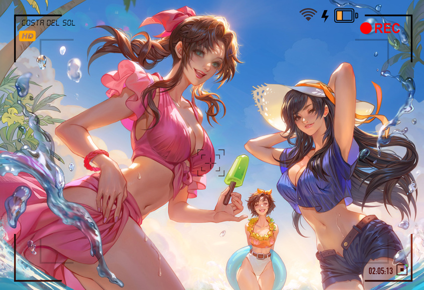3girls aerith_gainsborough aerith_gainsborough_(pink_mermaid) arms_behind_head bikini black_hair black_shorts blue_shirt braid braided_ponytail breasts brown_hair closed_mouth crop_top detached_sleeves fan_yang_(jiuge) final_fantasy final_fantasy_vii final_fantasy_vii_rebirth final_fantasy_vii_remake flower flower_necklace food frilled_sleeves frills green_eyes hair_ribbon hairband hat holding holding_clothes holding_food holding_hat holding_ice_cream holding_swim_ring ice_cream large_breasts lei long_hair looking_at_viewer medium_breasts midriff multiple_girls navel official_alternate_costume one_eye_closed open_fly open_mouth orange_hairband orange_shirt outdoors palm_tree parted_bangs parted_lips partially_submerged pink_bikini pink_bracelet pink_ribbon ribbon shirt short_hair short_shorts short_sleeves shorts sidelocks single_braid smile straw_hat striped_clothes striped_shirt sun_hat swept_bangs swim_ring swimsuit thigh_gap tifa_lockhart tifa_lockhart_(majestic_glamour) tree two-tone_bikini viewfinder water water_drop wet white_bikini yuffie_kisaragi yuffie_kisaragi_(summer_orange)