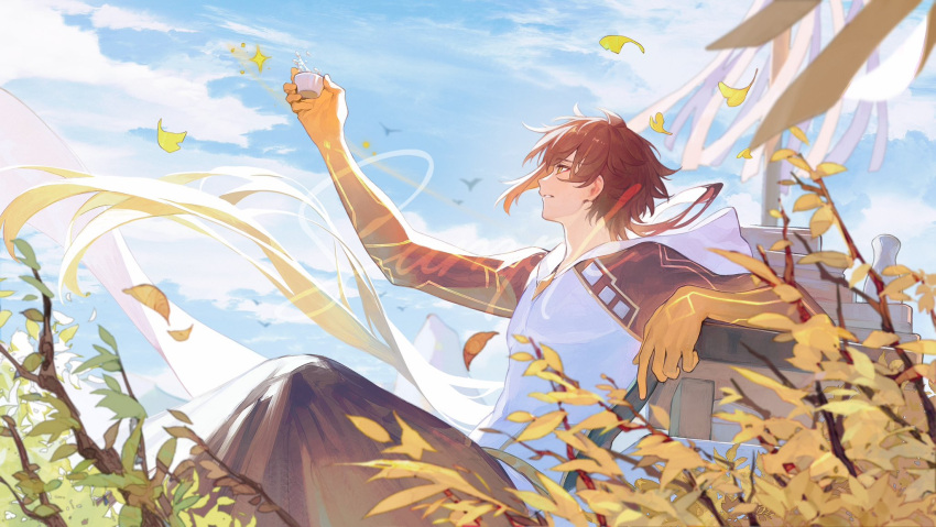 1boy almoonnn blue_sky brown_eyes brown_hair cloud cup falling_leaves from_side genshin_impact ginkgo_leaf hand_up highres holding holding_cup hood hood_down leaf leaning_back leaning_on_object medium_hair nature outdoors plant shirt signature sitting sky solo sparkle toasting_(gesture) white_shirt zhongli_(genshin_impact)