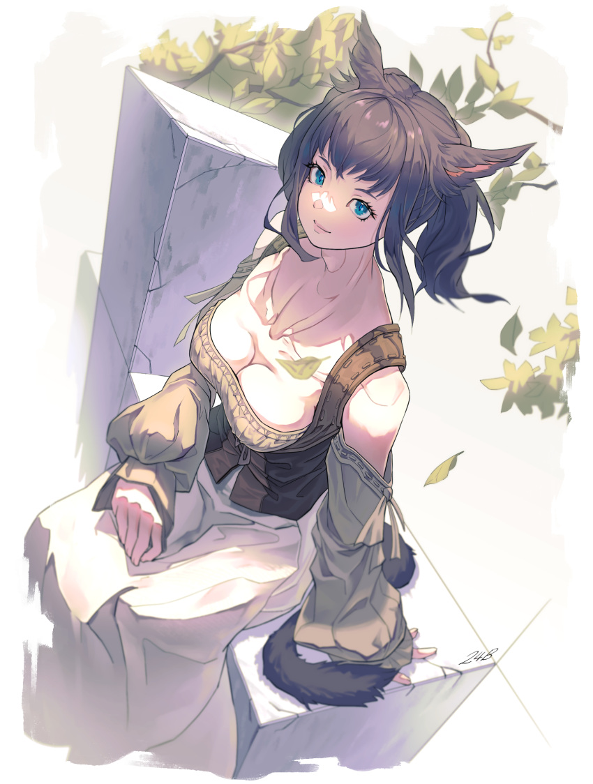 1girl animal_ears bimel_isabella blue_eyes breasts brown_hair cat_ears cat_tail detached_sleeves final_fantasy final_fantasy_xiv highres long_hair looking_at_viewer medium_breasts miqo'te sitting slit_pupils solo tail