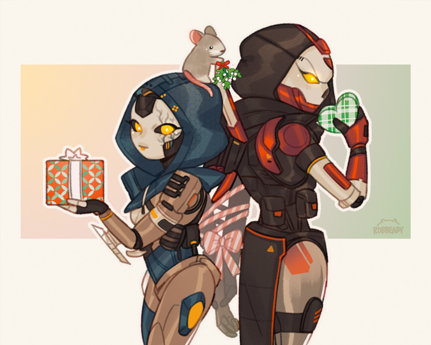 1boy 1girl android animal_on_head apex_legends ash_(titanfall_2) black_sclera bound bow box christmas colored_sclera cracked_skin english_commentary gift heart-shaped_box holding holding_gift hood hood_up looking_at_viewer metal_skin mistletoe mouse nica_(robbeary) non-humanoid_robot on_head orange_eyes red_bow revenant_(apex_legends) robot science_fiction simulacrum_(titanfall) smile tied_up_(nonsexual)