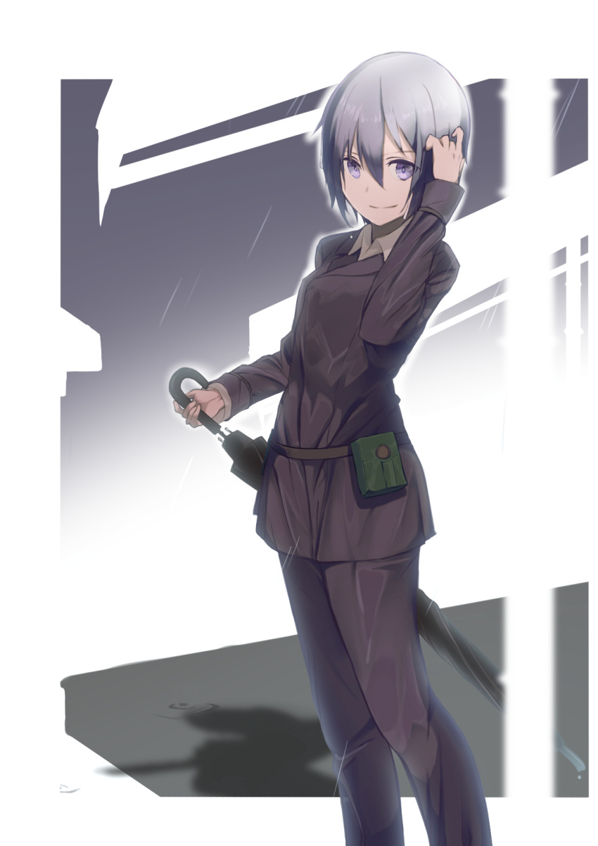 1girl adjusting_hair androgynous belt belt_pouch black_jacket black_pants border breasts brown_belt closed_mouth collared_shirt commentary dress_shirt feet_out_of_frame from_side grey_background grey_hair highres holding holding_umbrella jacket kino_(kino_no_tabi) kino_no_tabi kootee-on looking_to_the_side outline outside_border pants pouch purple_eyes shadow shirt short_hair small_breasts smile solo standing tomboy umbrella white_border white_outline white_shirt