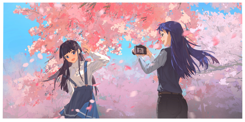 2girls absurdres arm_up black_hair black_pants blue_eyes blue_hair blue_skirt blue_sky border camera cherry_blossoms da_tengzi day hair_ornament highres holding holding_camera idolmaster idolmaster_million_live! kisaragi_chihaya long_hair long_sleeves looking_at_viewer mogami_shizuka multiple_girls open_mouth outdoors pants petals shirt skirt sky smile standing suspender_skirt suspenders taking_picture tree white_border white_shirt