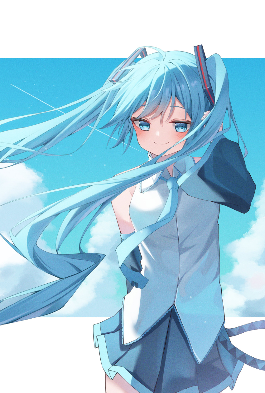 1girl absurdres arm_at_side belt black_skirt blue_eyes blue_hair blue_necktie blue_sky blush closed_mouth cloud cloudy_sky collared_shirt contrail cowboy_shot detached_sleeves dot_nose floating_hair floating_neckwear hair_ornament hand_in_own_hair hatsune_miku highres letterboxed long_hair long_sleeves looking_at_viewer loose_belt miniskirt necktie outside_border pleated_skirt ryaru_ryaru shirt skirt sky sleeveless sleeveless_shirt smile solo tie_clip twintails very_long_hair vocaloid white_shirt