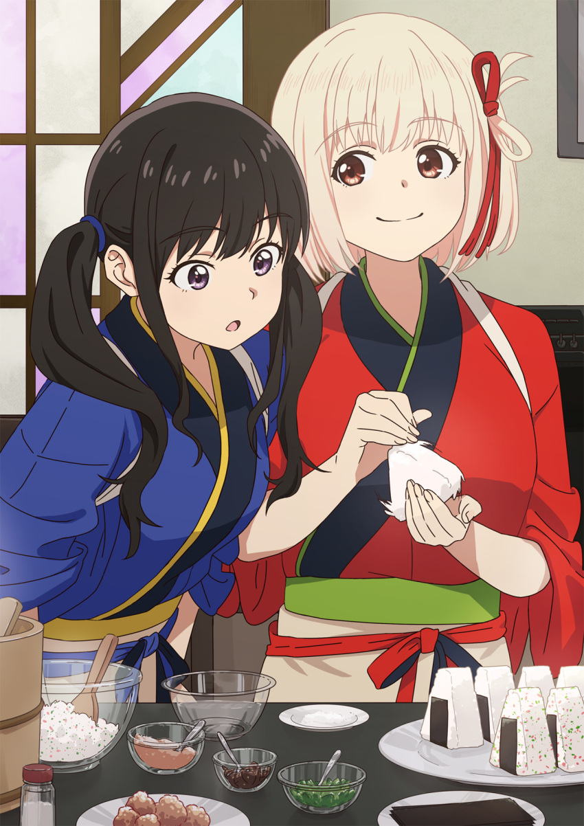 2girls :o asada7101 black_hair blonde_hair blue_kimono blush bob_cut closed_mouth commentary_request cooking food hair_ribbon highres indoors inoue_takina japanese_clothes kimono long_hair lycoris_recoil multiple_girls nishikigi_chisato obi official_alternate_costume official_alternate_hairstyle one_side_up onigiri purple_eyes red_eyes red_kimono red_ribbon ribbon rice sash short_hair short_sleeves smile tasuki twintails