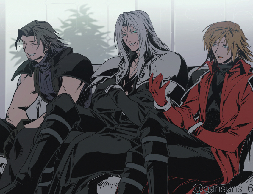 3boys absurdres angeal_hewley aqua_eyes armor black_coat black_footwear black_gloves black_hair black_pants blue_shirt boots brown_hair chest_strap chinstrap_beard closed_eyes coat crisis_core_final_fantasy_vii crossed_arms crossed_legs facial_hair final_fantasy final_fantasy_vii genesis_rhapsodos gloves grey_hair grin highres knee_boots long_hair long_sleeves male_focus medium_hair multiple_boys pants parted_bangs parted_lips red_coat red_gloves roku_(gansuns) sephiroth shirt shoulder_armor sitting sleeveless sleeveless_turtleneck smile suspenders teeth turtleneck twitter_username