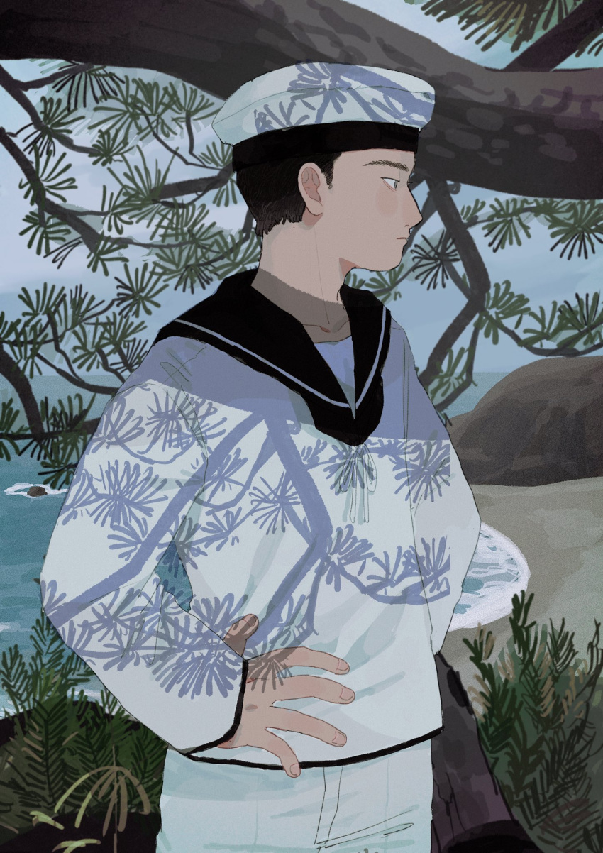 1boy 4633ka7 beach black_hair black_sailor_collar cowboy_shot day expressionless hands_on_own_hips highres leaf long_sleeves original outdoors pants plant sailor_collar shadow shirt solo tree water white_headwear white_pants white_shirt