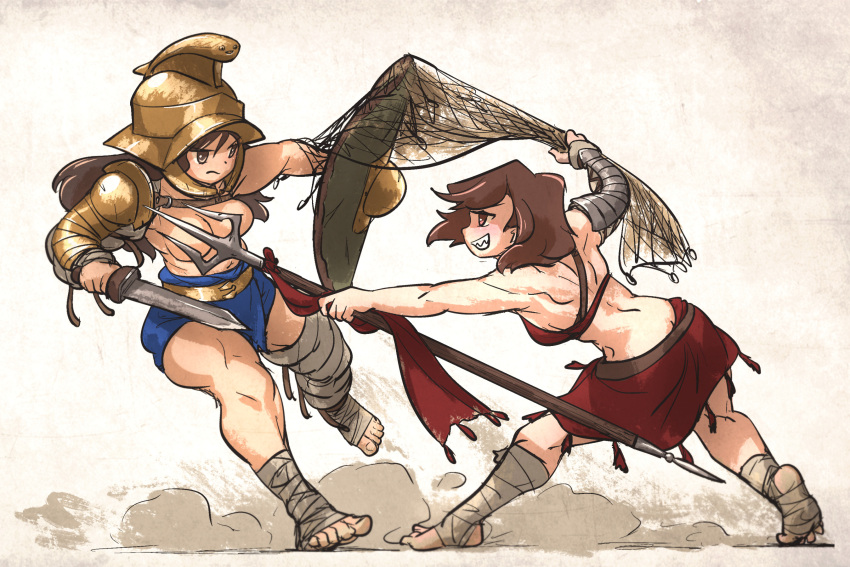 2girls armor asymmetrical_armor back bandaged_leg bandages barefoot belt brown_eyes brown_hair dust fighting frown gladiator_(centurii-chan) gladius helmet highres holding holding_polearm holding_weapon ironlily long_hair multiple_girls muscular muscular_female net original pauldrons polearm roman_empire sharp_teeth shield short_hair shoulder_armor single_pauldron skirt smile spear sword teeth toned topless trident weapon