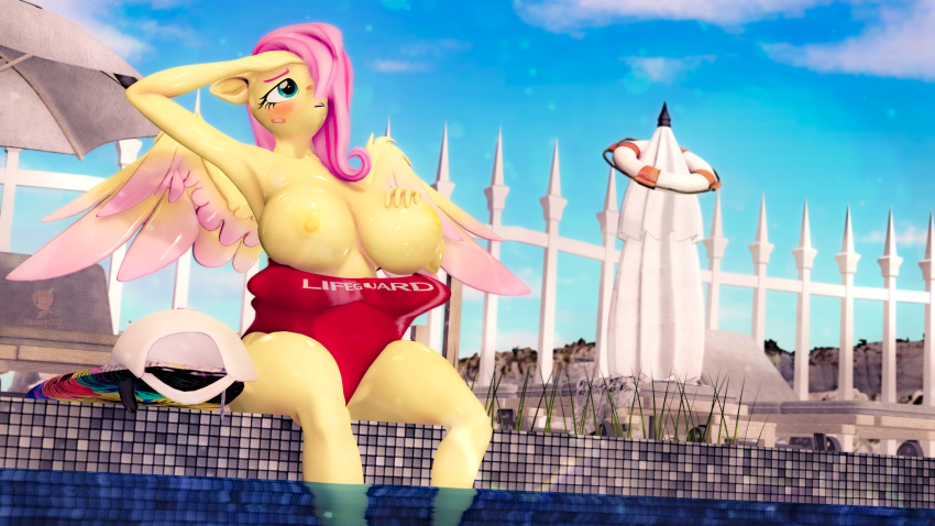 16:9 3d_(artwork) 4k 90s_grunge_fluttershy absurd_res alternate_hairstyle anthro band-aid band-aid_on_face band-aid_on_nose bandage big_breasts blushing_profusely bodily_fluids breasts clothed clothing digital_media_(artwork) equid equine exposed_breasts feathered_wings feathers female fluffy fluffy_mane fluttershy_(mlp) friendship_is_magic fur hair hand_on_breast hasbro hat headgear headwear heat_(temperature) hi_res horse inner_ear_fluff lifeguard lifeguard_swimsuit lowered mammal my_little_pony mythological_creature mythological_equine mythology nipples open_mouth outside overheated pegasus pony revamped_anthros silkworm205 sitting solo source_filmmaker surfboard sweat swimming_pool swimwear thick_thighs tuft widescreen wings yellow_body