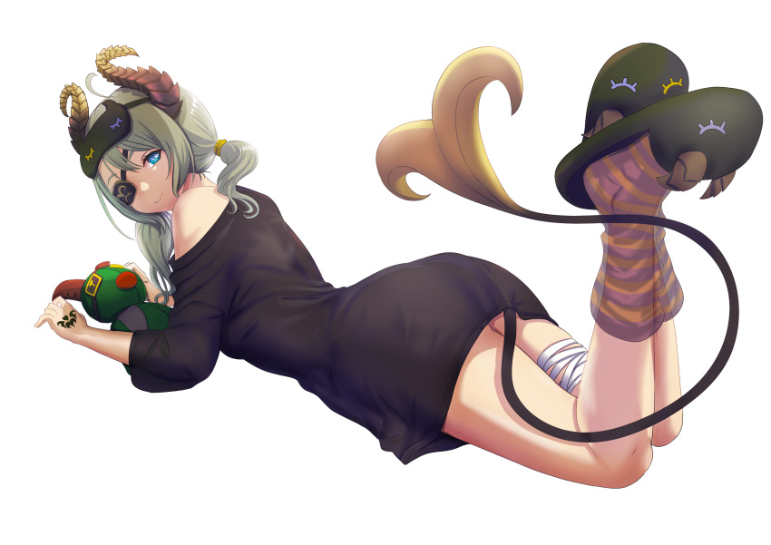 1girl absurdres black_dress blue_eyes brown_horns brown_socks closed_mouth curled_horns demon_girl demon_horns demon_tail dress eyepatch full_body green-framed_eyewear highres horns konekoneko_(konekopi) long_sleeves looking_at_viewer looking_back low_twintails lying medium_bangs medium_hair nanashi_inc. on_stomach sekishiro_mico short_dress simple_background single_bare_shoulder sleep_mask slippers smile socks solo striped_clothes striped_socks stuffed_demon tail the_pose transparent_background twintails virtual_youtuber