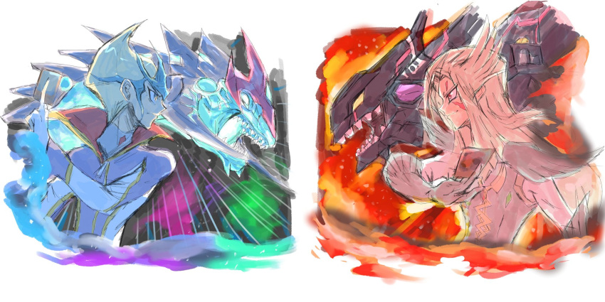 2boys blonde_hair brown_eyes card dragon facial_mark fire from_side galaxy-eyes_photon_dragon gloves glowing highres holding holding_card long_hair mizael_(yu-gi-oh!) multiple_boys number_107_galaxy-eyes_tachyon_dragon sharp_teeth teeth tenjou_kaito upper_body vincent_graphic_art white_background white_gloves yu-gi-oh! yu-gi-oh!_zexal