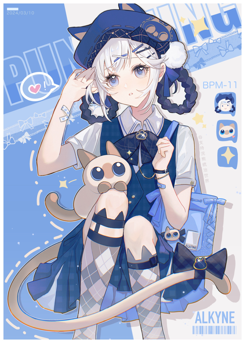 1girl :o absurdres adjusting_hair alkyne_gui animal_ear_headwear animal_ear_legwear argyle_clothes argyle_socks artist_name bag bambinata_(punishing:_gray_raven) bandaid bandaid_on_arm bandaid_on_wrist beret black_bow black_hair black_neckerchief black_skirt blue_bag blue_eyes blue_headwear bow bracelet braided_hair_rings brown_cat cat cat_ear_legwear cat_girl checkered_clothes checkered_skirt checkered_socks chinese_commentary collared_shirt commentary copyright_name curled_fingers dated dialogue_box feet_out_of_frame gold_bracelet grey_socks hair_ornament hairclip hat hat_bow heart heart-shaped_pupils highres jewelry kneehighs knees_together_feet_apart light_blush looking_at_viewer mismatched_socks multicolored_hair neckerchief official_alternate_costume open_mouth pleated_skirt pom_pom_(clothes) punishing:_gray_raven shirt short_sleeves shoulder_bag sitting skirt socks solo spoken_character spoken_heart straight-on symbol-shaped_pupils tail tail_bow tail_ornament two-tone_hair waistcoat watch white_hair white_shirt wristwatch x_hair_ornament