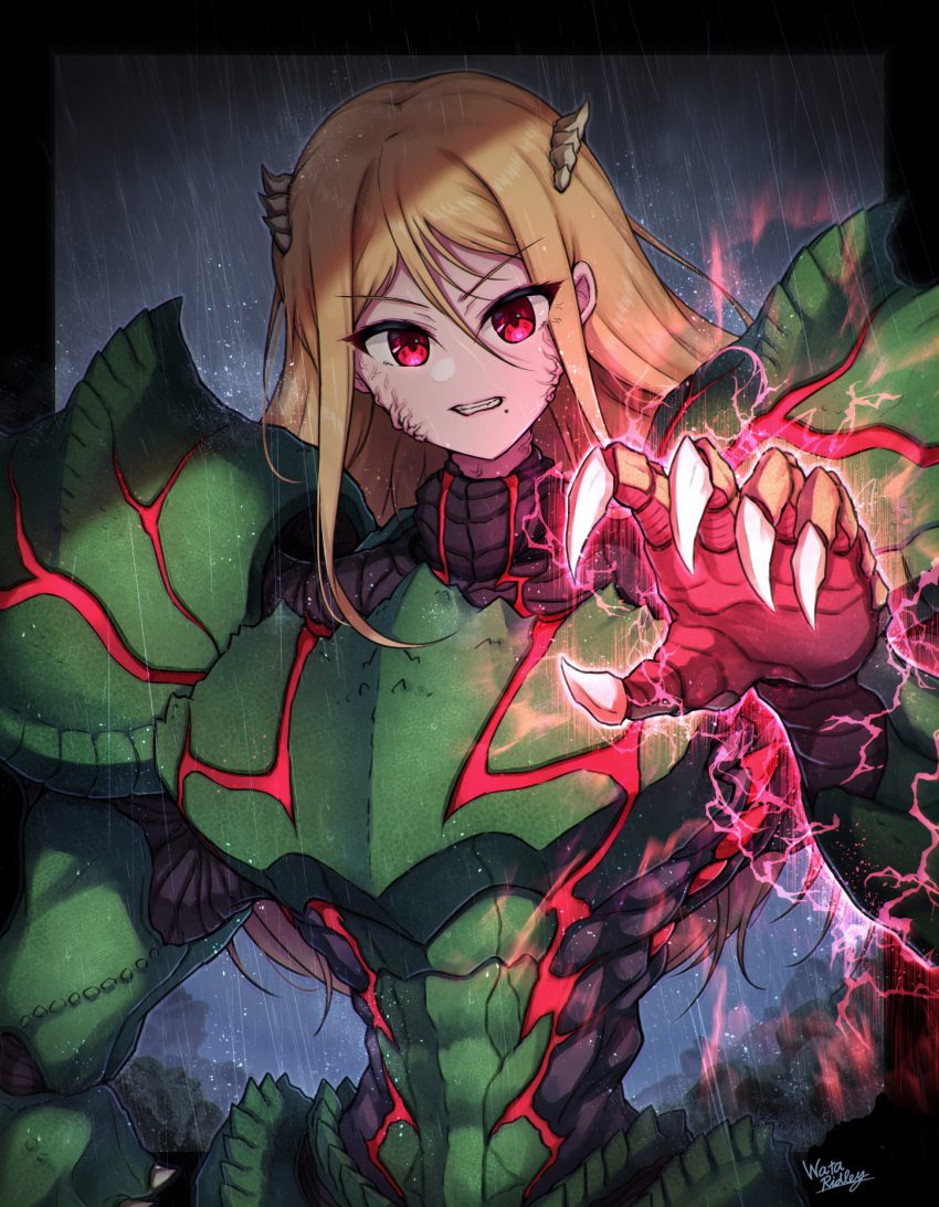 1girl aura blonde_hair claws clenched_teeth glowing glowing_hand highres horns long_hair looking_at_viewer metroid metroid_dread metroid_suit mole mole_under_mouth red_eyes samus_aran shoulder_spikes solo spikes teeth upper_body veins wakaba_(wata_ridley)