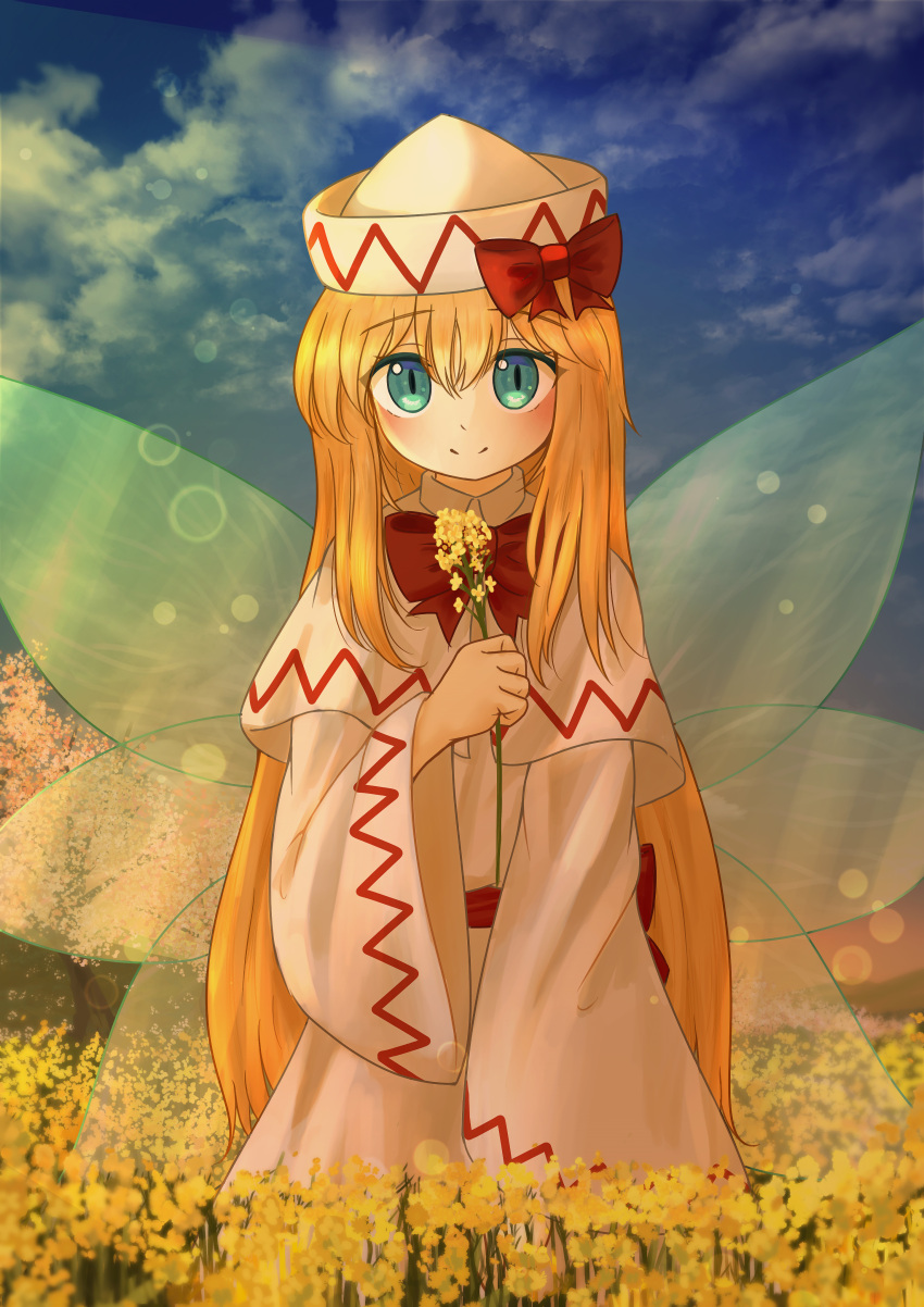1girl absurdres blonde_hair blue_eyes blush bow bowtie capelet closed_mouth cloud dress ekaapetto fairy fairy_wings field flower flower_field hat hat_bow highres holding holding_flower lily_white long_hair long_sleeves looking_at_viewer open_mouth outdoors red_bow red_bowtie sky slit_pupils smile solo touhou very_long_hair white_capelet white_dress white_headwear wide_sleeves wings yellow_flower