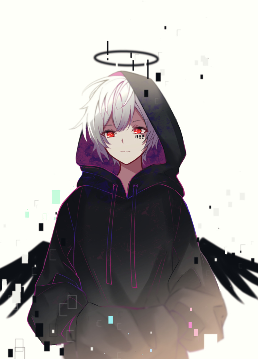 1boy :| barcode barcode_tattoo black_jacket black_wings closed_mouth cowboy_shot drawstring facial_tattoo grey_hair hair_between_eyes halo hands_in_pockets highres hood hooded_jacket indie_utaite jacket long_hair long_sleeves low_wings mafumafu male_focus purple_jacket red_eyes ritzchrono short_hair sidelocks simple_background smile solo straight-on tattoo two-sided_fabric two-sided_jacket white_background wings