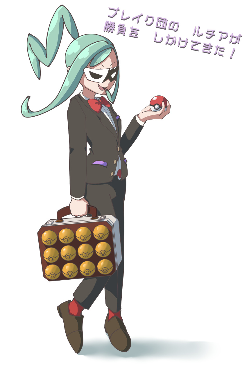 1girl absurdres bow bowtie briefcase brown_footwear collector_(pokemon) cosplay full_body green_hair highres holding holding_briefcase holding_poke_ball lisia_(pokemon) mask nmmnmmzk poke_ball poke_ball_(basic) pokemon pokemon_masters_ex pokemon_oras red_bow red_bowtie simple_background solo team_break translation_request white_background