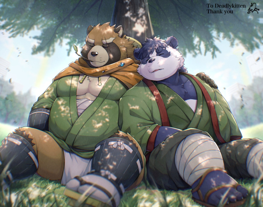 2022 anthro asian_clothing brown_body canid canine clothing detailed_background duo east_asian_clothing eyes_closed footwear fundoshi giant_panda gyobu hi_res japanese_clothing kemono lifewonders male mammal mav_(deadly_kiten) outside overweight overweight_male ponzu_tas raccoon_dog sandals scar sitting tanuki tokyo_afterschool_summoners underwear ursid video_games white_body white_clothing white_fundoshi white_underwear