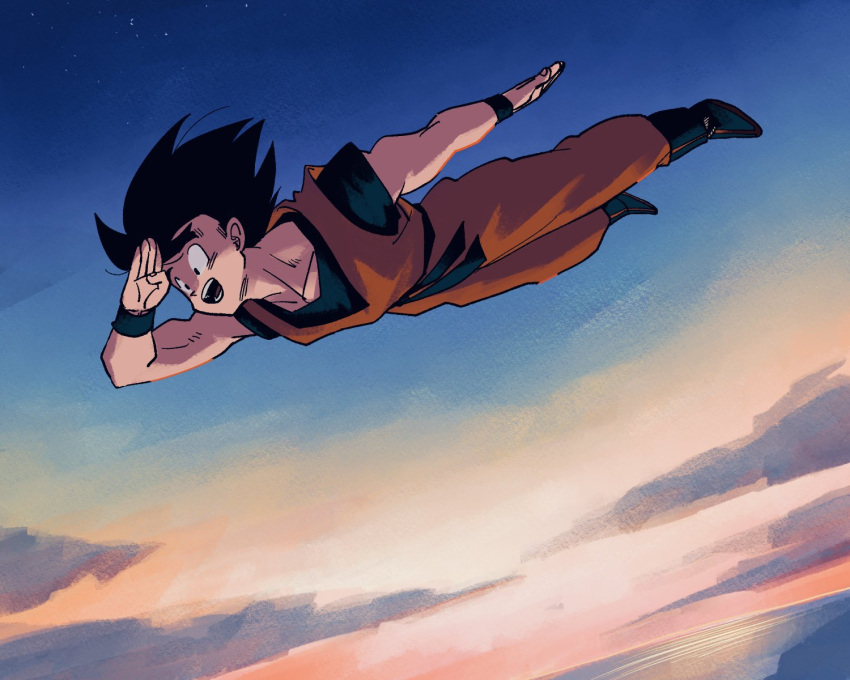 1boy black_hair blue_footwear blue_shirt boots dougi dragon_ball dragon_ball_z flying hand_up highres kz_(dbz_kz) midair orange_pants orange_shirt pants shirt short_sleeves sky sleeveless sleeveless_shirt solo son_goku spiked_hair