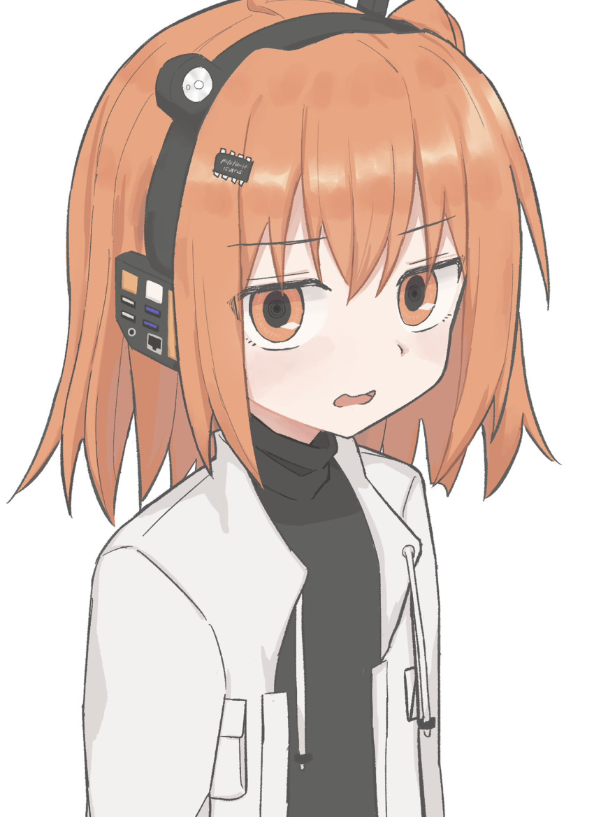 1girl a.i._voice anmitsu_kina black_shirt commentary computer_chip drawstring hair_ornament headlamp headphones highres jacket lens_eye looking_at_viewer medium_hair one_side_up open_clothes open_jacket open_mouth orange_eyes orange_hair shirt simple_background solo text_in_eyes turtleneck upper_body utau white_background white_jacket