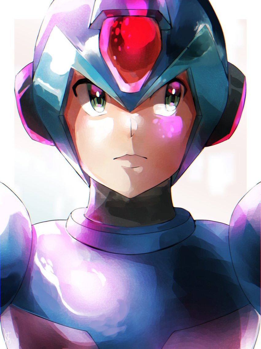 002_khd 1boy android armor blue_armor blue_headwear close-up forehead_jewel green_eyes helmet highres looking_to_the_side mega_man_(series) mega_man_x_(series) shoulder_armor simple_background solo upper_body white_background x_(mega_man)