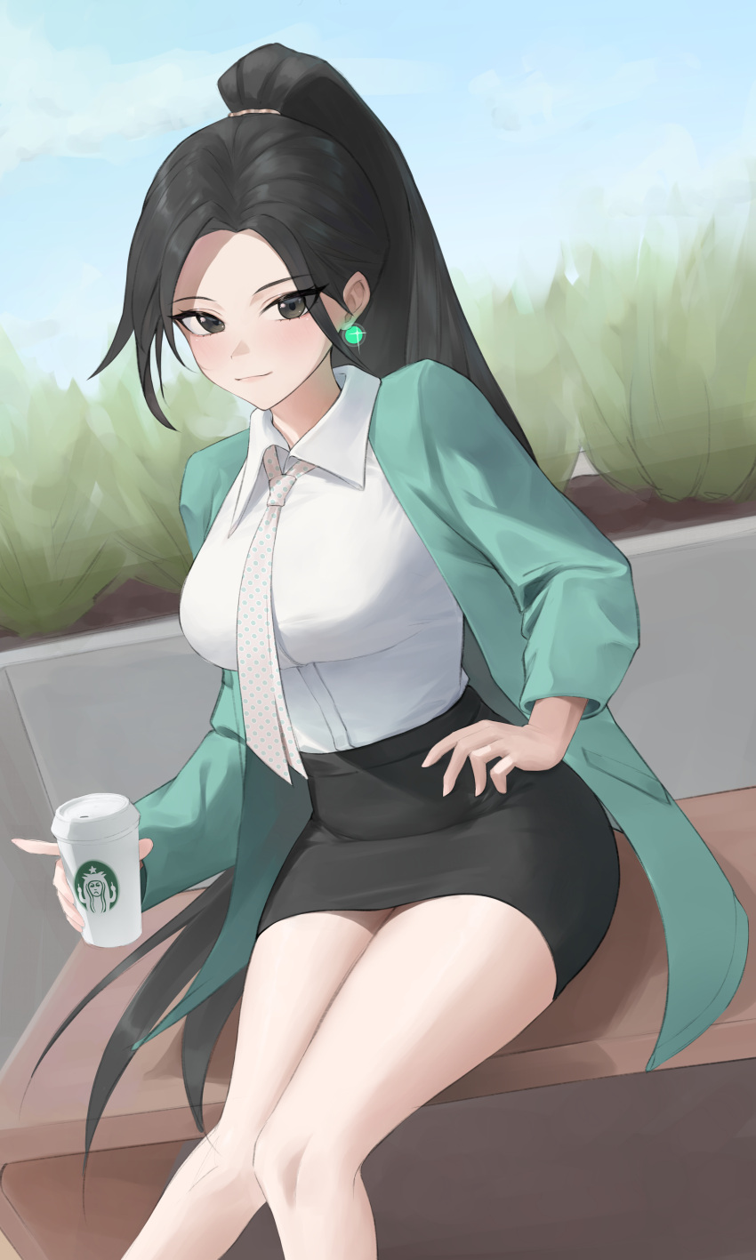 1girl absurdres alternate_costume animification black_eyes black_hair bush coffee_cup collared_shirt cup disposable_cup green_jacket highres holding holding_cup ilmm jacket long_hair looking_at_viewer necktie office_lady pencil_skirt pointing ponytail sage_(valorant) shirt shirt_tucked_in sitting skirt smile solo starbucks valorant very_long_hair white_necktie white_shirt