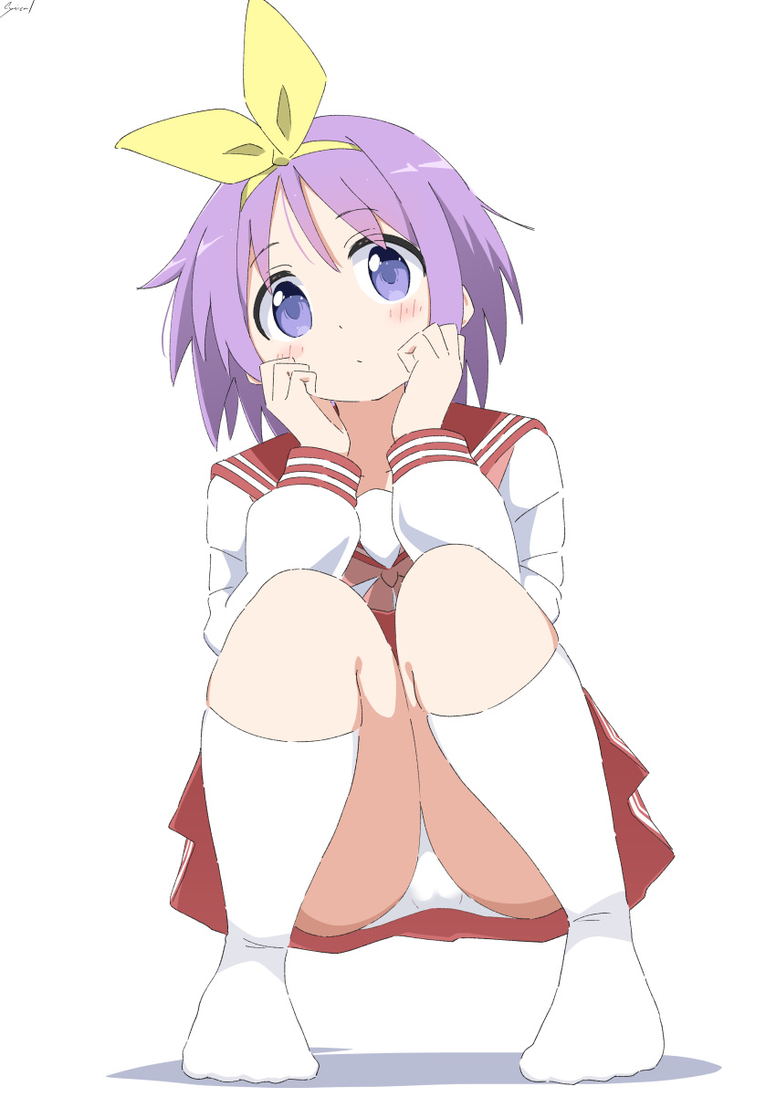 1girl absurdres bow_hairband cynical_(llcbluckg_c004) hairband hands_on_own_face highres hiiragi_tsukasa kneehighs long_sleeves looking_at_viewer lucky_star no_shoes panties pantyshot purple_eyes purple_hair red_sailor_collar red_skirt sailor_collar school_uniform serafuku signature simple_background skirt socks solo squatting tareme underwear white_background white_panties white_socks yellow_hairband