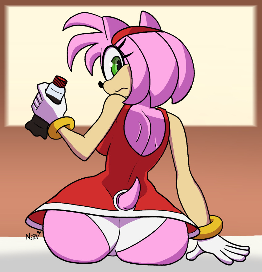 accessory amy_rose anthro beverage breasts clothing dress eulipotyphlan female gloves hair_accessory hairband handwear hedgehog hi_res holding_beverage holding_object looking_at_viewer looking_back mammal nephrited panties sega short_dress short_tail side_boob sitting solo sonic_the_hedgehog_(series) tail underwear