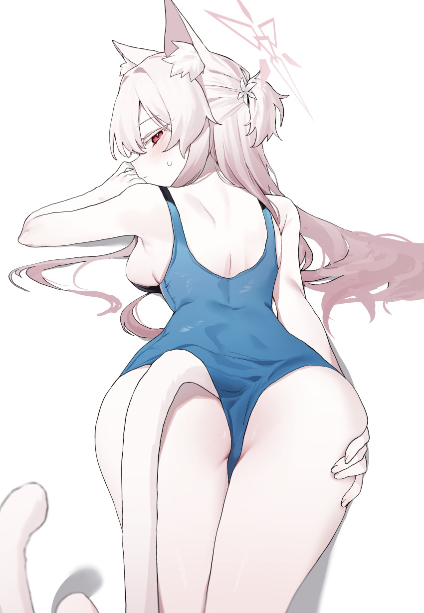 1girl absurdres akira_(blue_archive) alternate_costume animal_ear_fluff animal_ears ass back blue_archive breasts cat_ears cat_tail danbal from_behind halo hand_on_own_ass hand_up highres looking_at_viewer looking_back lying on_stomach one-piece_swimsuit pale_skin pink_halo sideboob swimsuit tail tail_under_clothes white_background white_hair