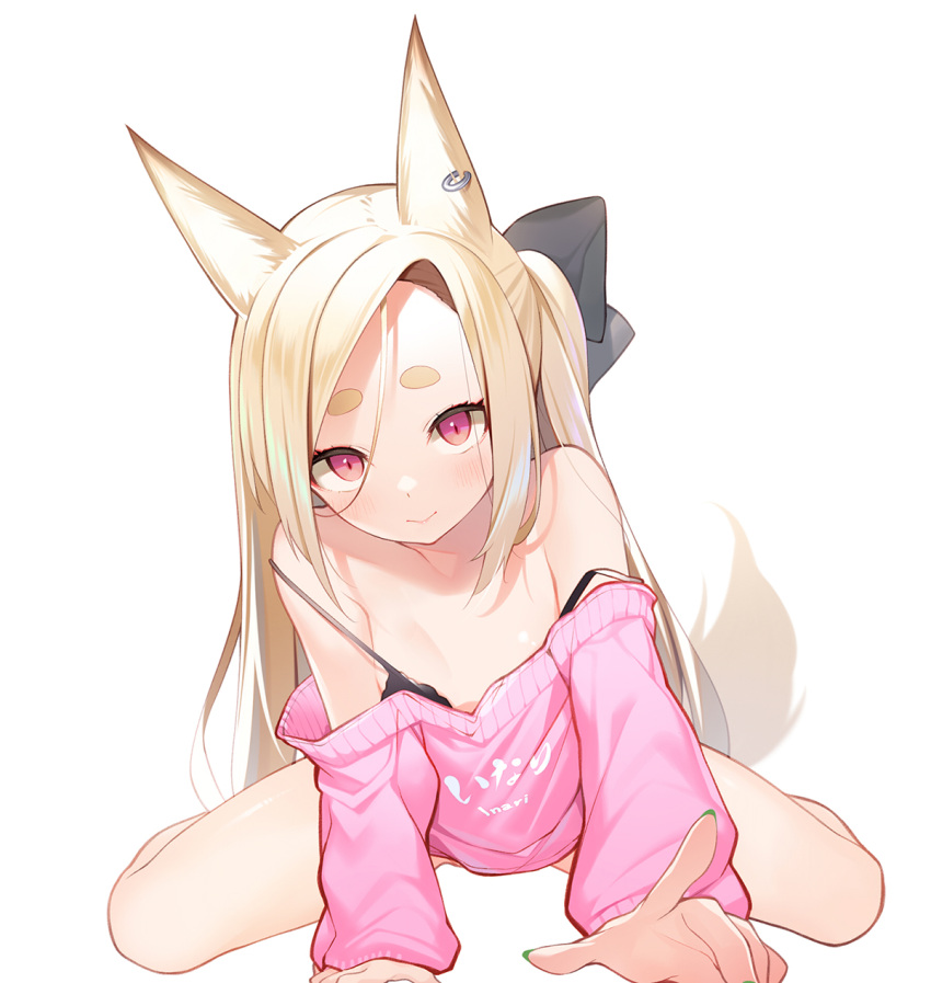 1girl animal_ears blonde_hair blush earrings fox_ears fox_tail highres jewelry kneeling long_hair looking_at_viewer nekomu off_shoulder original red_eyes smile solo tail thick_eyebrows white_background