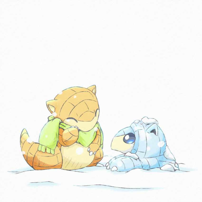 alolan_sandshrew animal_focus blue_eyes claws closed_mouth commentary_request green_scarf highres kinakomochi_(kazuna922) looking_at_another no_humans pokemon pokemon_(creature) sandshrew scarf snow