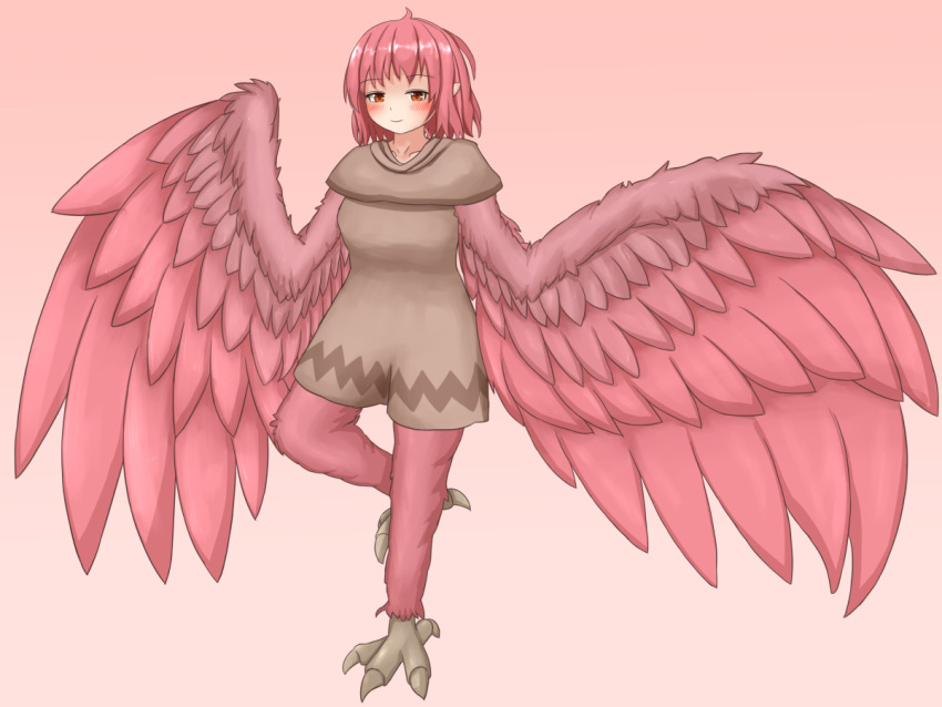 1girl bird_legs blush breasts brown_dress commentary_request dress feathers gradient_background harpy looking_at_viewer medium_breasts medium_hair monster_girl orange_eyes original pink_background pink_feathers pink_hair pink_wings pointy_ears smile solo talons winged_arms wings yumenomimizuku