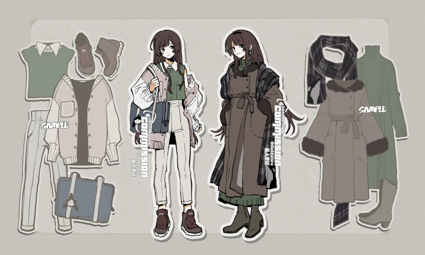 1girl absurdres artist_name bag black_footwear boots brown_coat brown_eyes brown_footwear brown_hair buttons charm_(object) chinese_commentary chinese_text closed_mouth coat collared_shirt commission dress fashion full_body green_dress green_shirt green_sweater grey_background hairband handbag hands_in_pockets highres holding_strap jacket long_hair long_sleeves looking_at_viewer multiple_views open_clothes original outline pants rokkatera sample_watermark scarf school_bag shirt shoes shoulder_bag sidelocks simple_background smile standing sweater unworn_clothes unworn_shoes very_long_hair watermark white_coat white_outline white_pants